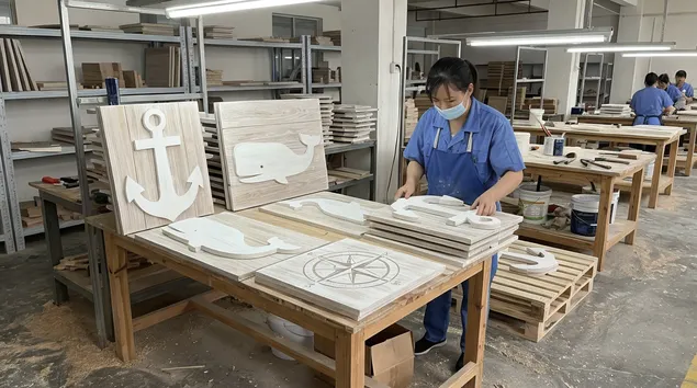 Coastal and nautical wood wall art with whitewashed paulownia finish