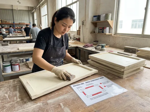 Distress map guided hand-sanding process for consistent farmhouse finish