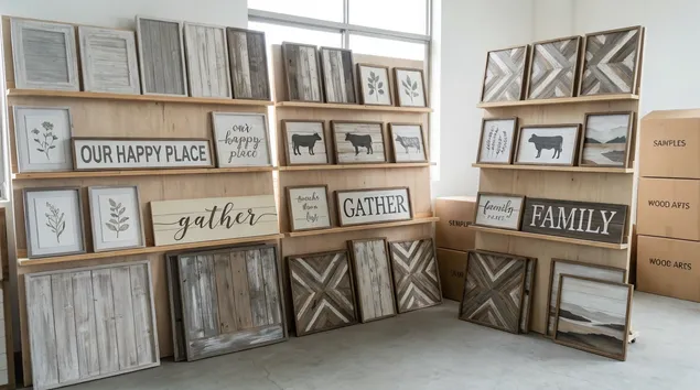 Farmhouse and rustic wood wall art collection for retail distribution