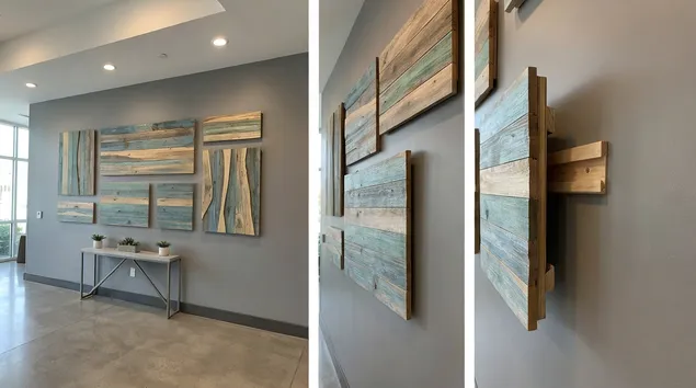 Wood wall art installation in hotel lobby with French cleat mounting