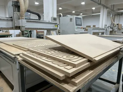 MDF substrate with CNC-routed detail showing uniform density