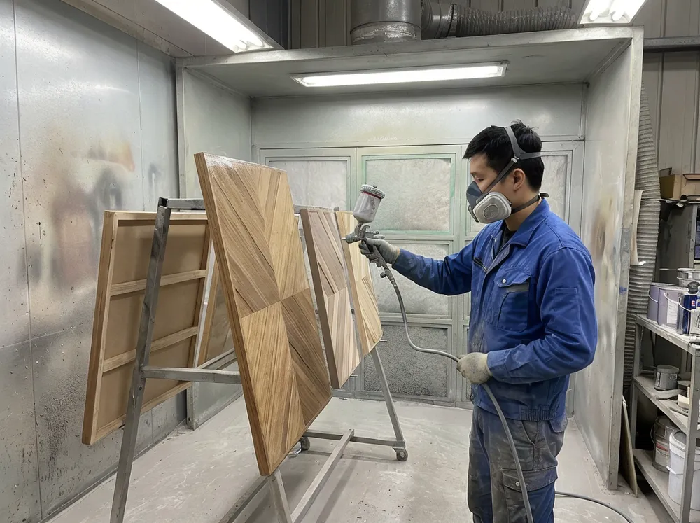 Multi-coat finishing process for wood wall art panels in controlled spray booth