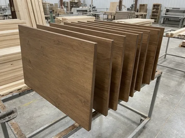 Pre-conditioned wood panels showing even stain absorption across batch