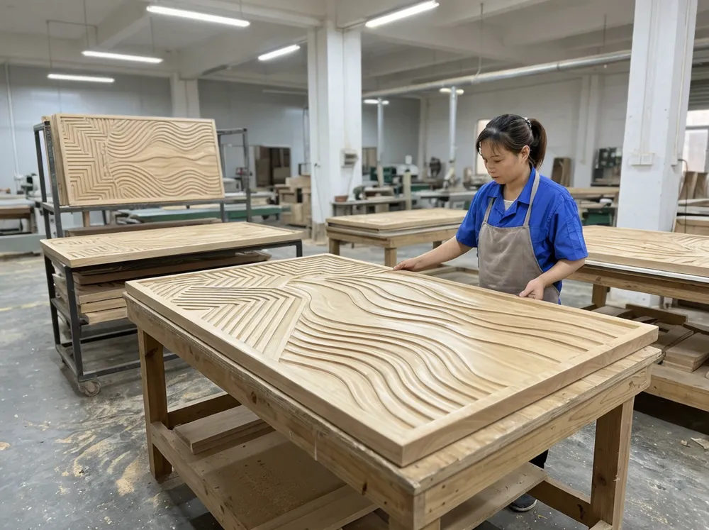 CNC-routed wood wall art panel with multi-coat finish