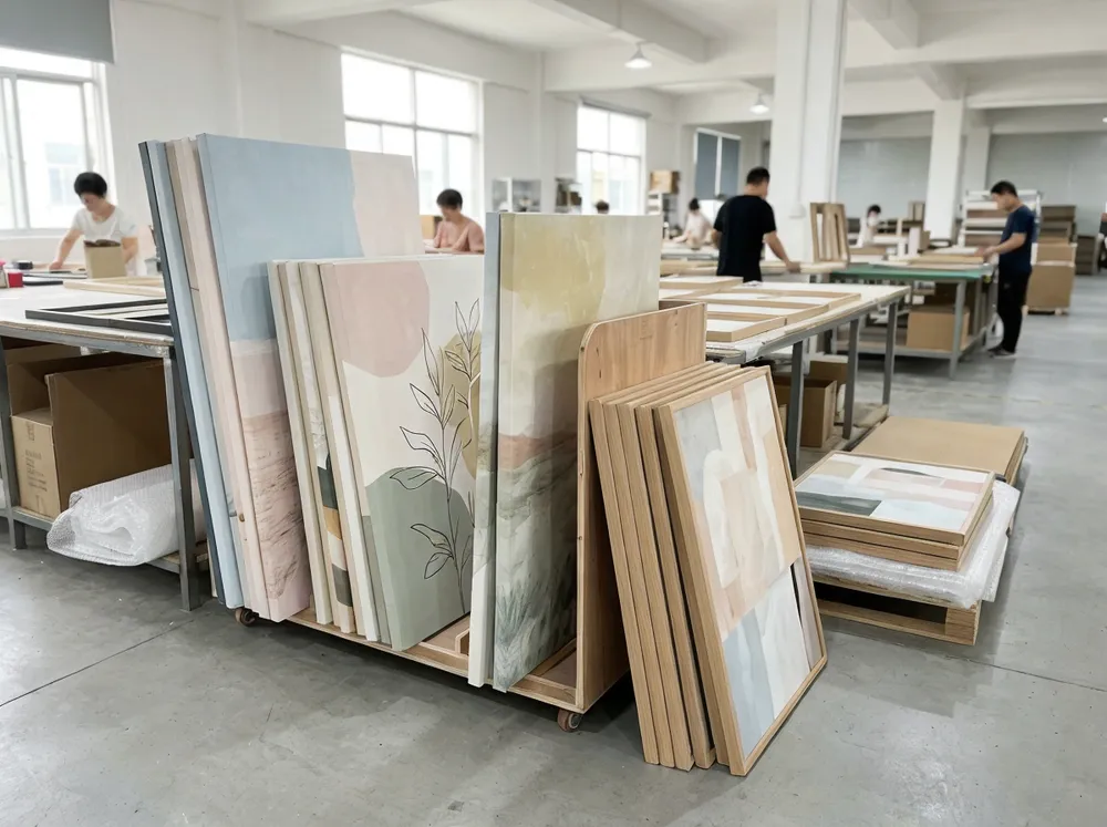 Bedroom wall art collection featuring soft-palette canvas prints and abstract panels in natural wood frames