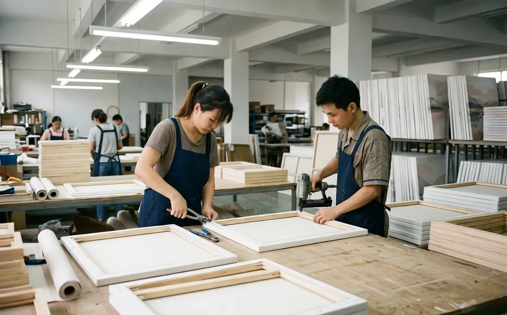 Canvas tensioning and stapling process at controlled humidity