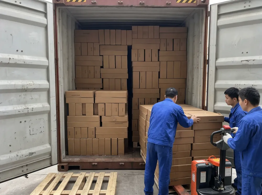 Container loading configuration for bedroom wall art shipments showing dense packing arrangement