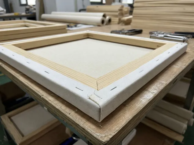 Stretched canvas on pine bars substrate detail