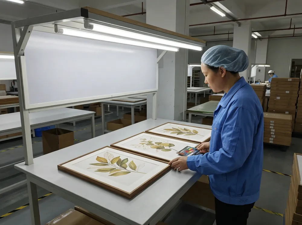 Quality control inspection of matched dining room wall art set under standardized lighting