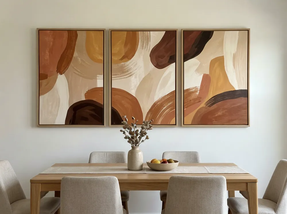 Triptych dining room wall art set showing batch-matched warm earth tones