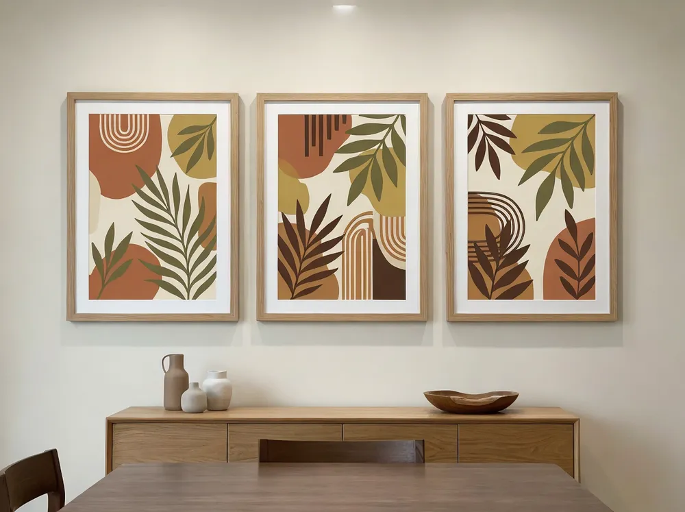 Matched set of dining room wall arts with warm earth tones displayed in coordinated arrangement