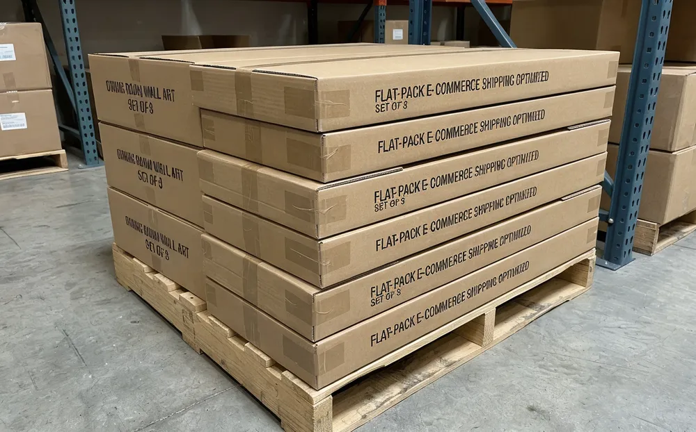 Flat-pack wall art packaging optimized for e-commerce shipping