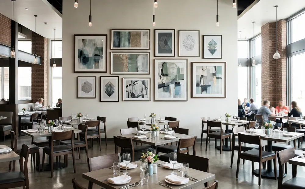 Dining room wall art installation in upscale restaurant interior