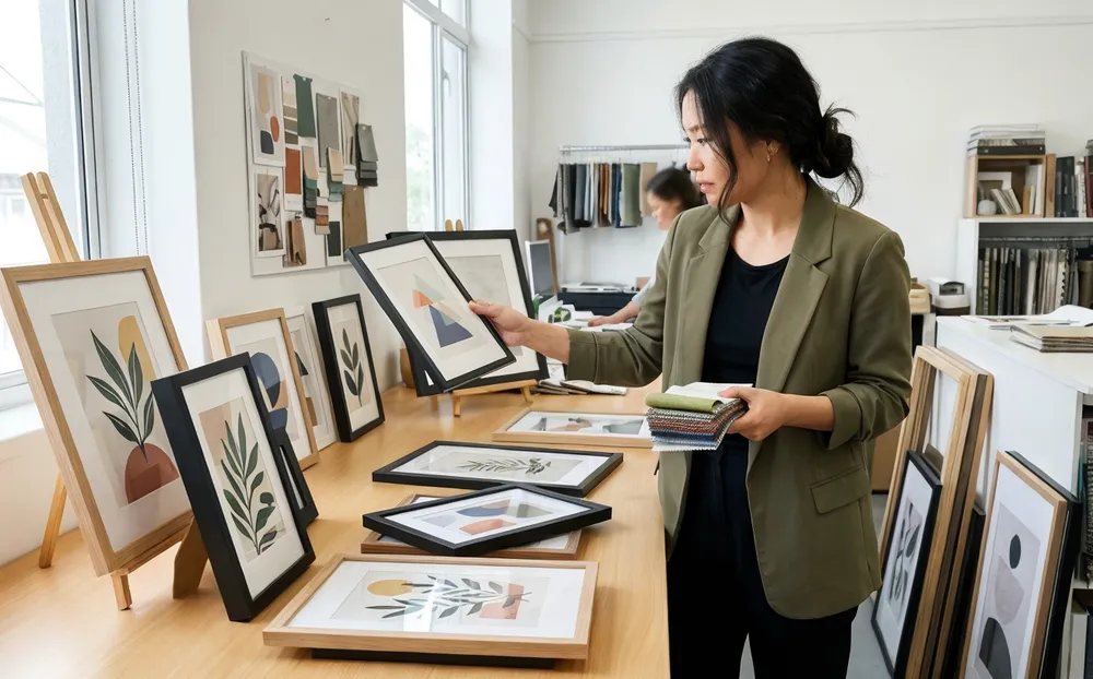 Interior designer reviewing wall art samples for home staging project