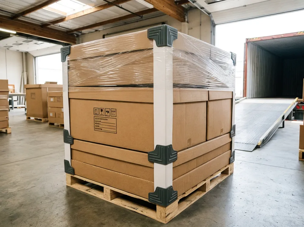 Wall art packaging with rigid stiffeners and corner protectors for safe container shipping