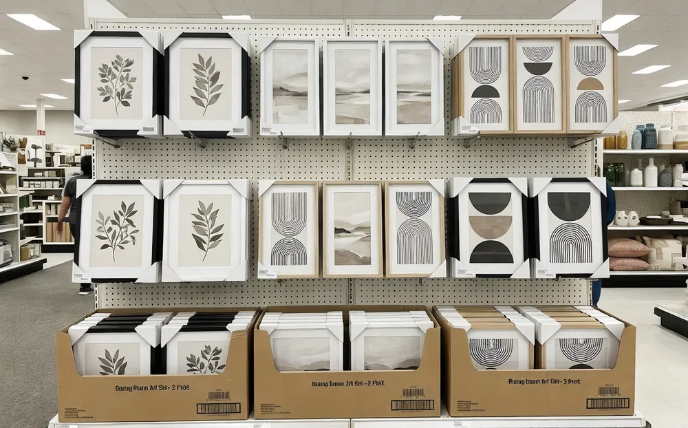 Coordinated dining room wall art sets on retail display wall