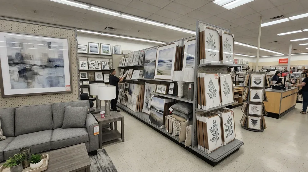 Wall art merchandised across multiple retail store zones