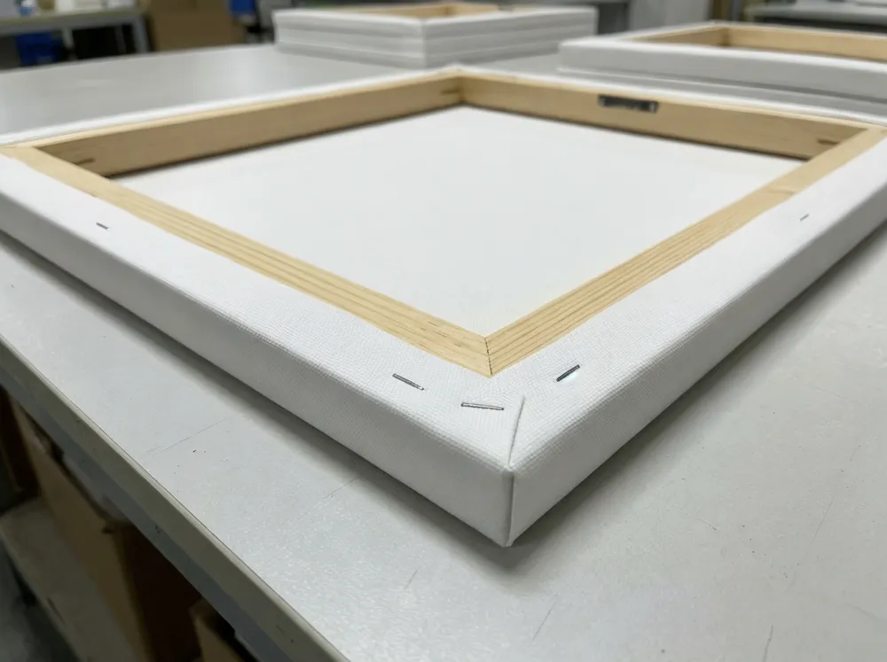Canvas stretched on wood frame showing substrate quality and corner detail