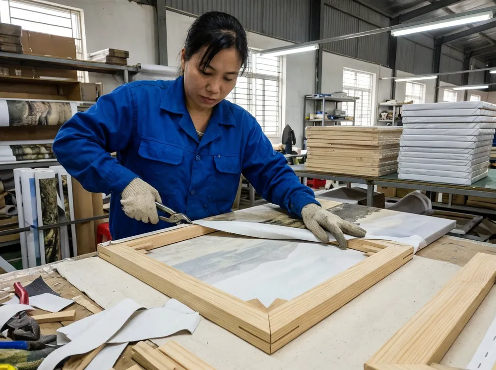 Canvas stretching process on kiln-dried pine bars with corner keys