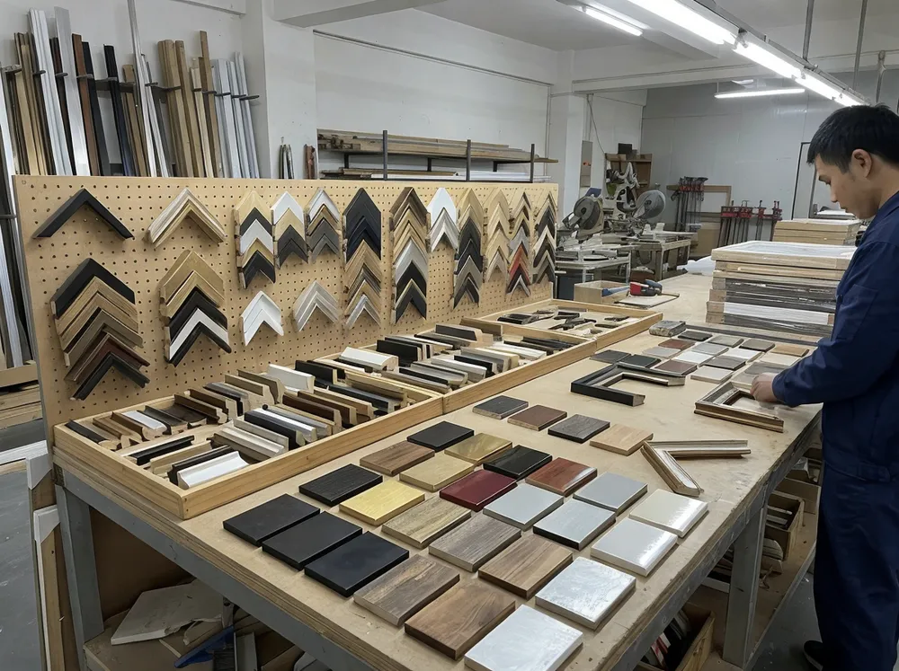 Wall art customization workshop showing frame profiles and finish samples
