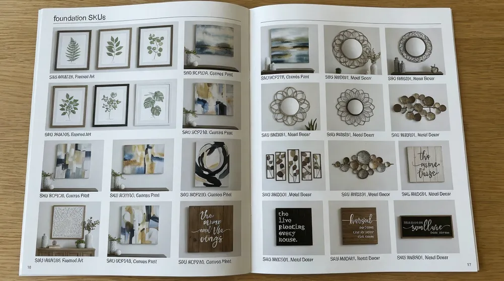 Mixed wall decor catalog spread showing home wall art foundation SKUs