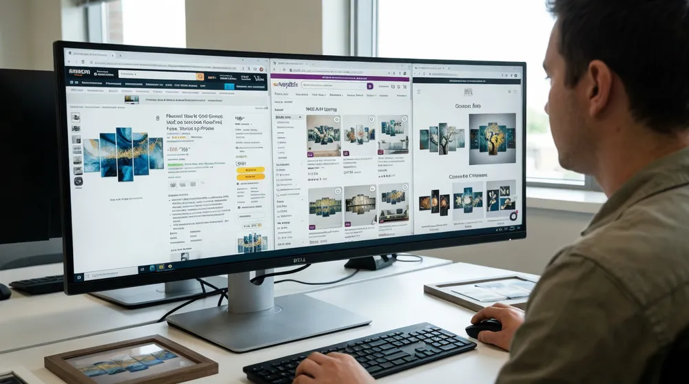 Wall art product listings displayed across multiple e-commerce platforms