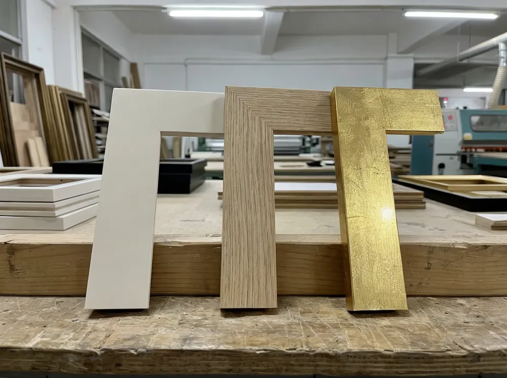 Multiple frame finish options including painted MDF, wood grain wrap, and gold leaf