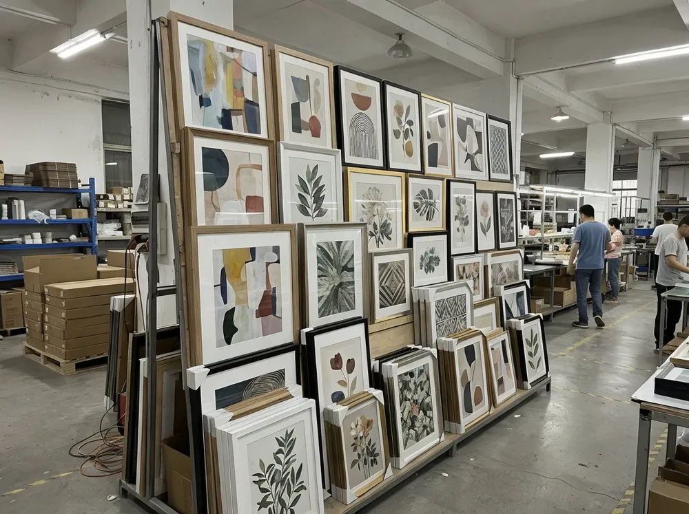 Versatile home wall arts collection showing abstract, botanical, and geometric designs in various frame finishes