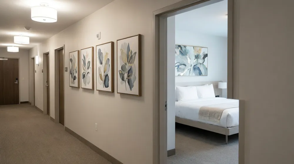 Coordinated wall art installation in hotel corridor and guest rooms
