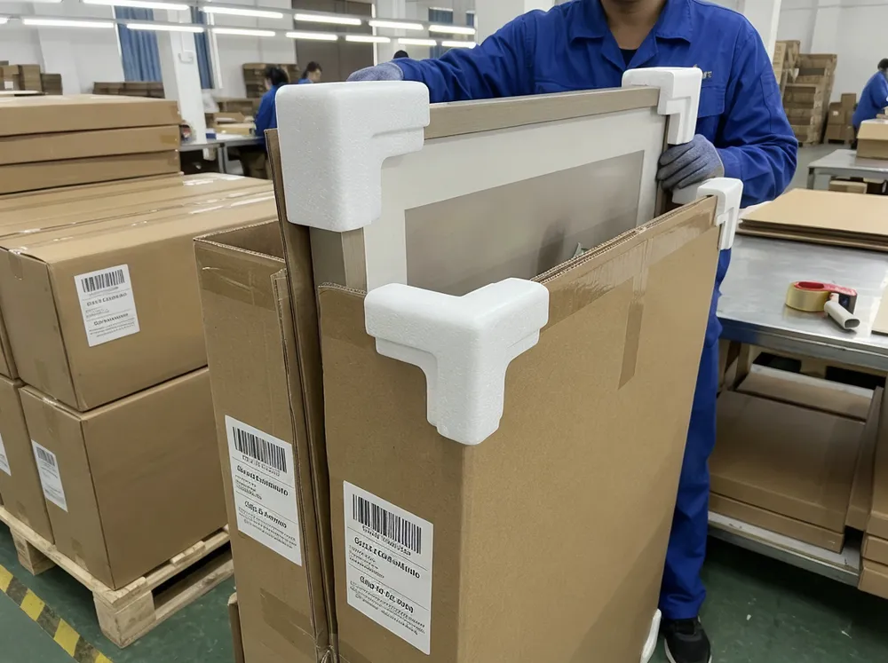 Wall art packaging with foam corner protectors and corrugated carton