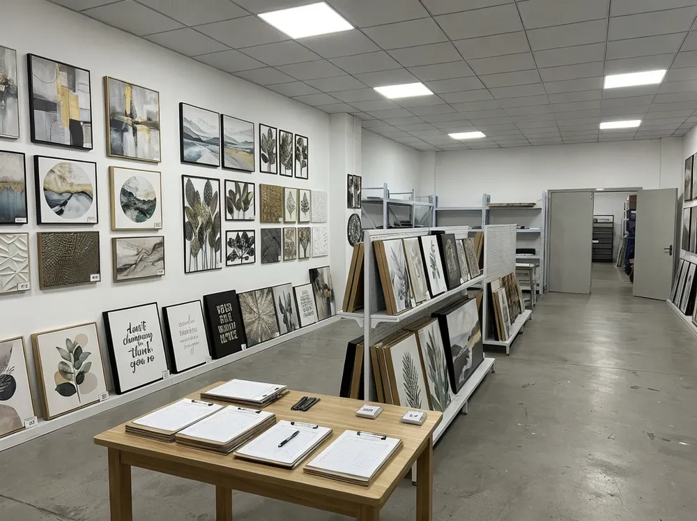 Livewellcraft home wall arts showroom display with sample pieces ready for buyer review