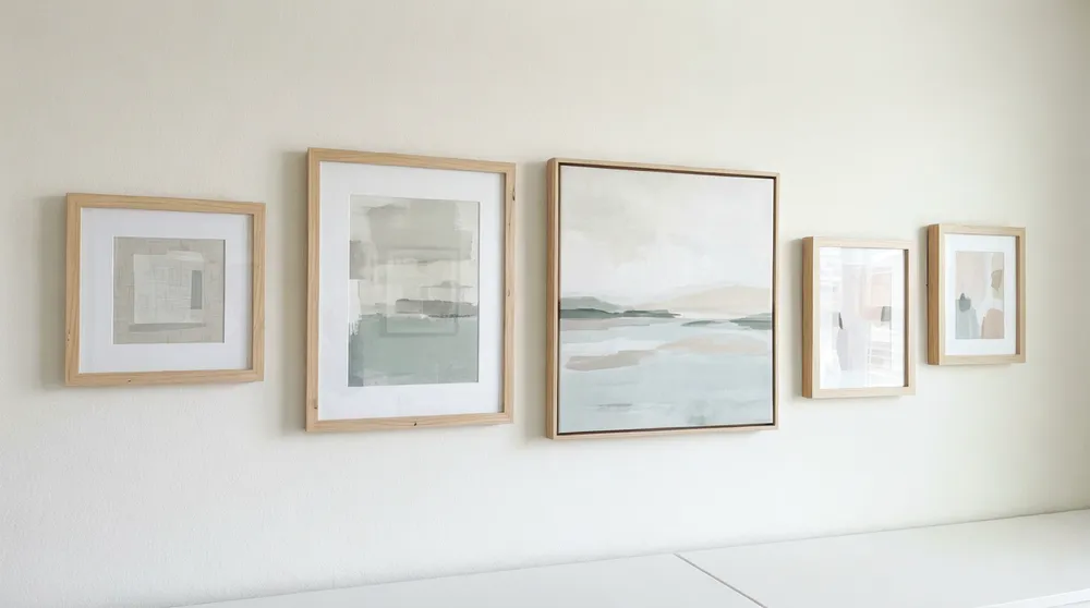 Bedroom wall art collection featuring soft tones and calm aesthetic in wood frames