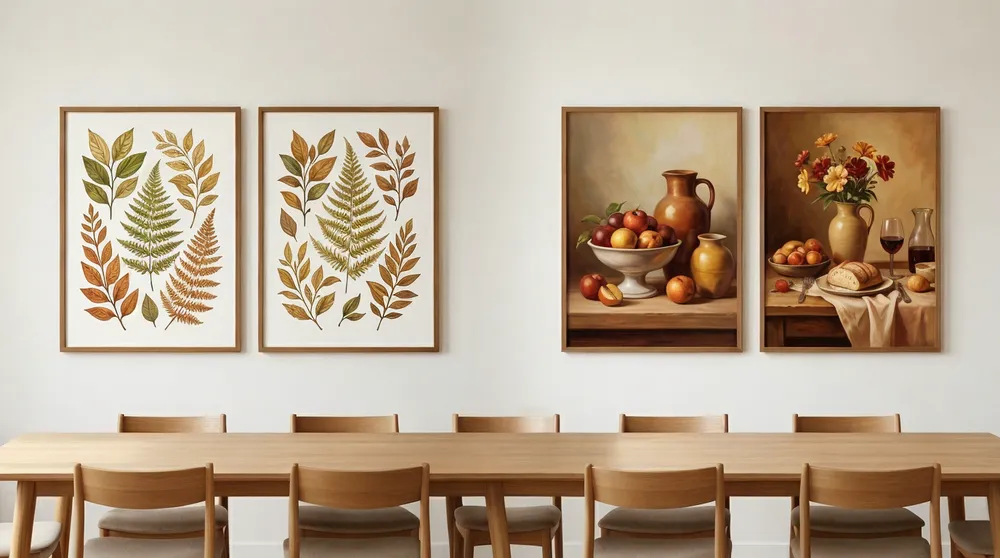 Dining room wall art with botanical prints and warm-toned still life pieces