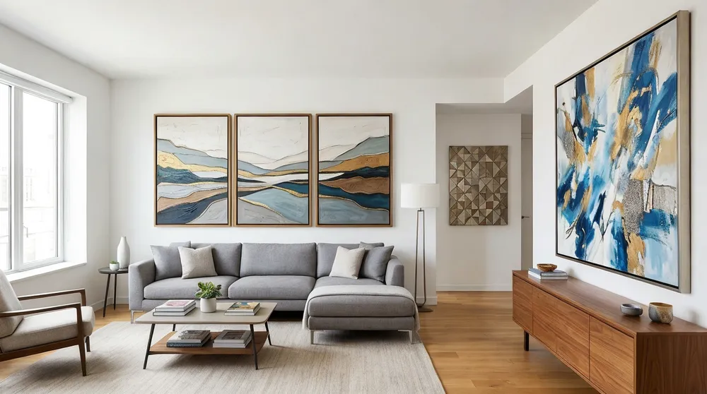 Living room wall art collection with oversized canvases and multi-panel statement pieces