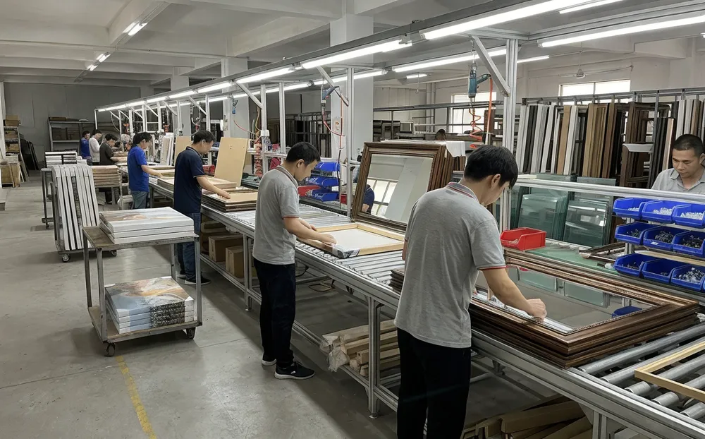 Shared frame production lines handling both mirror and wall art assembly