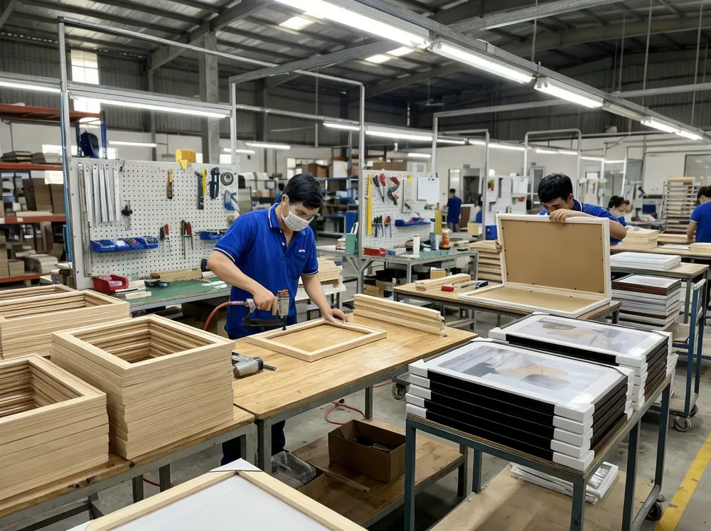 Wall art production facility in Dong Nai, Vietnam showing frame assembly and finishing stations