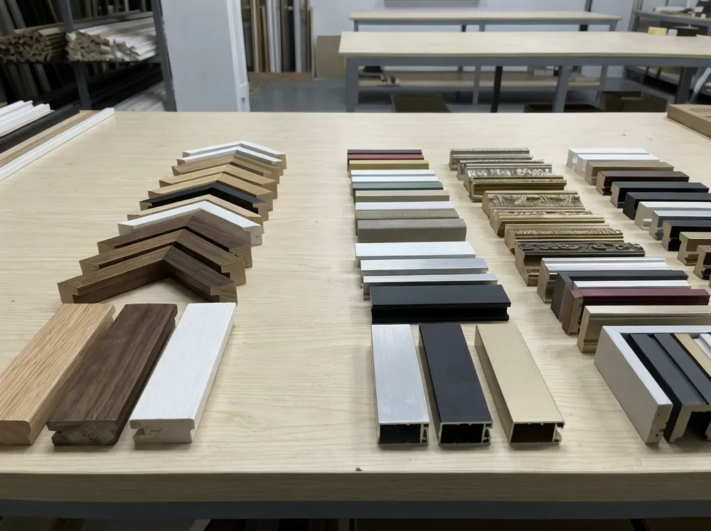 Selection of wood, MDF, metal, and resin frame profiles available for living room wall art customization