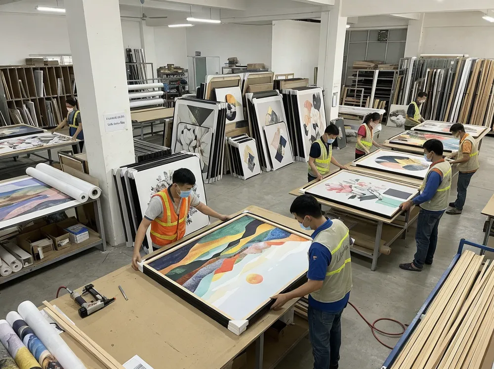 Large-format living room wall art production at Livewellcraft Vietnam factory