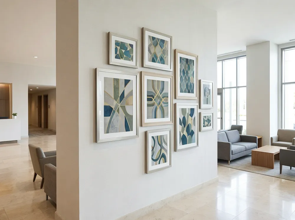 Coordinated wall art collection installed across hotel lobby and suite living rooms