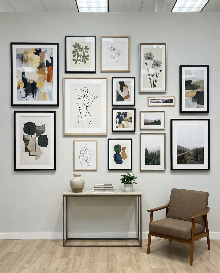 Curated living room wall art collection displayed in showroom setting