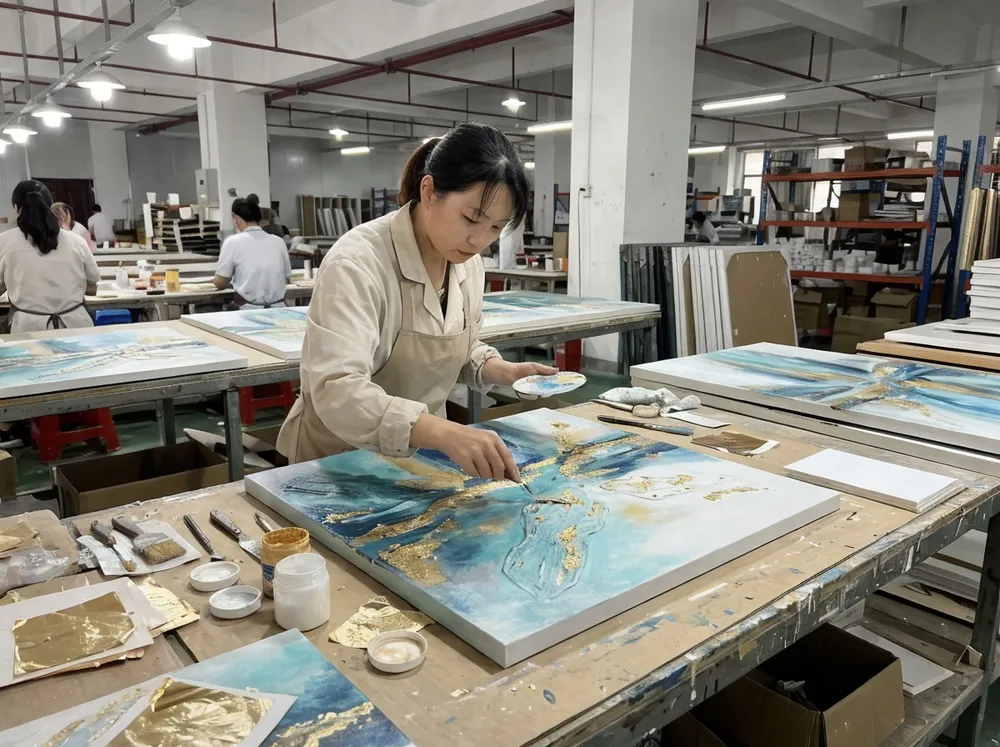 Mixed-media wall art panel with hand-applied texture elements and metallic accents