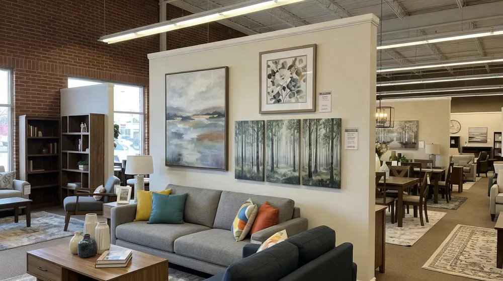 Living room wall art displayed in furniture retail showroom setting
