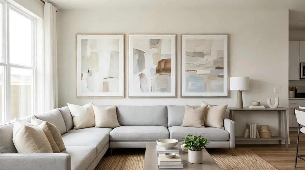 Staged model home living room with neutral wall art installation
