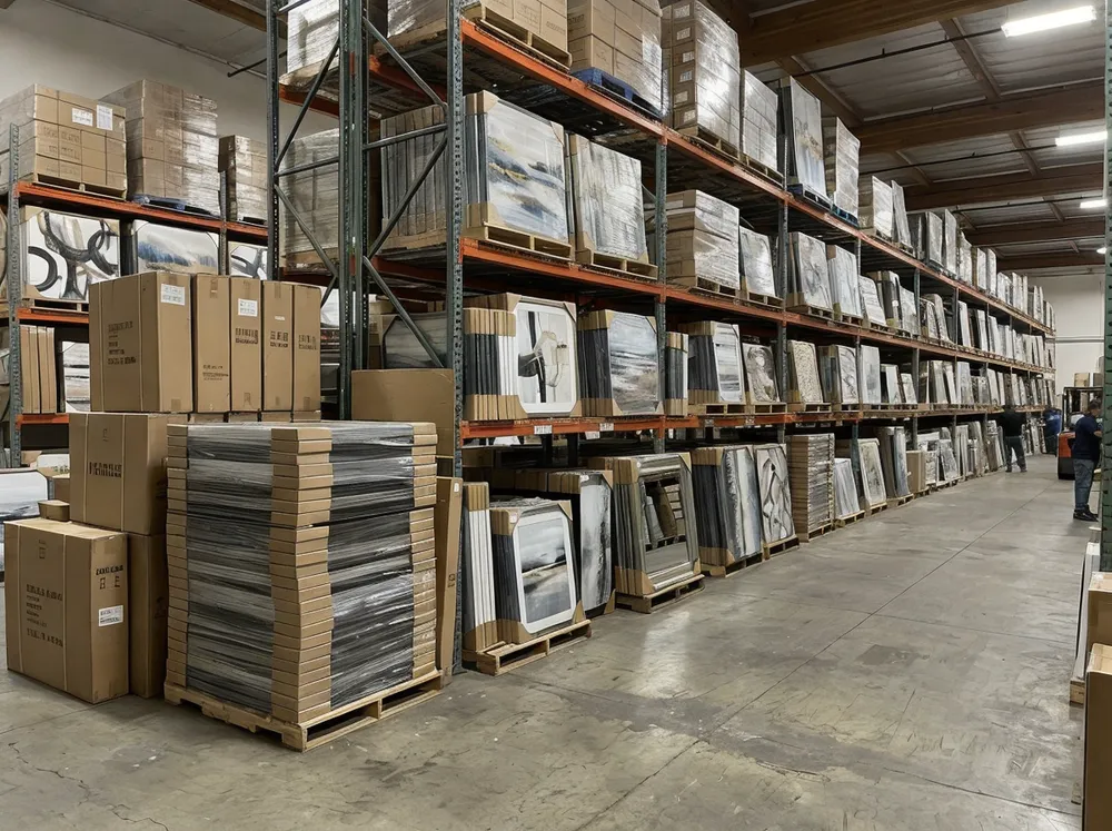 Wall art inventory in wholesale distribution warehouse