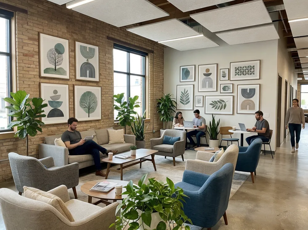 Coworking space common area with neutral professional wall art