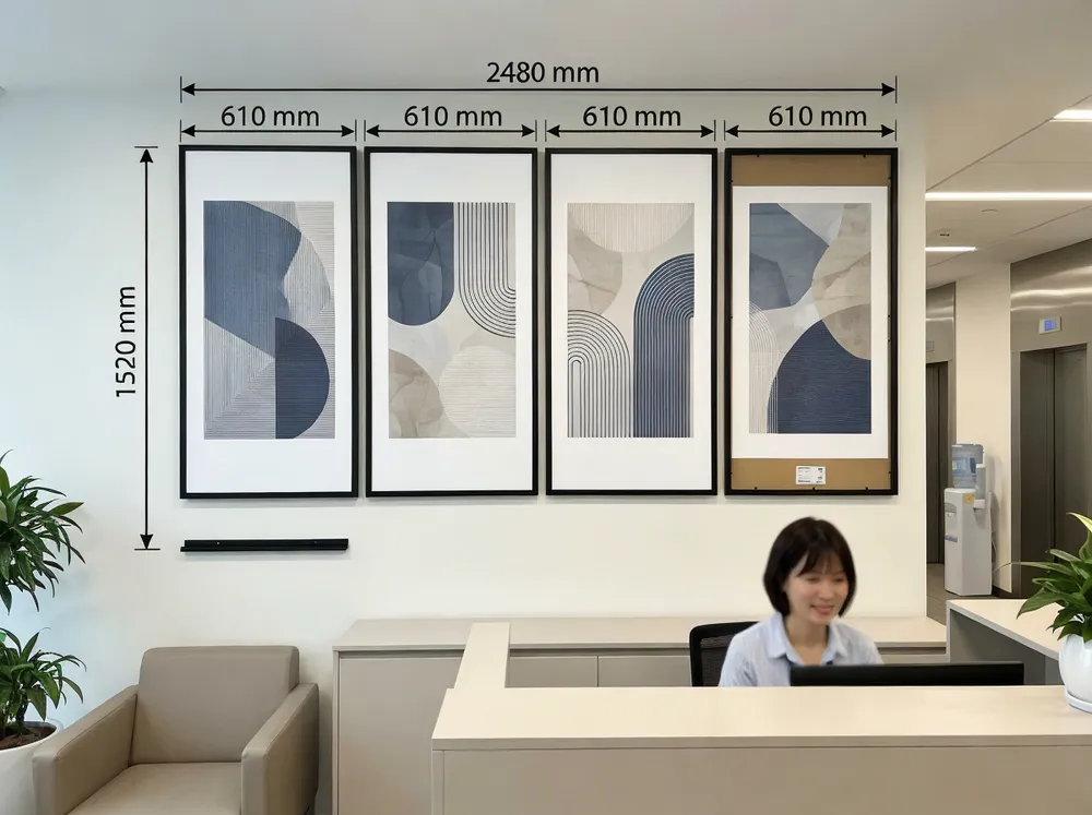 Custom-sized office wall art installation in a commercial reception area with precise millimeter specifications