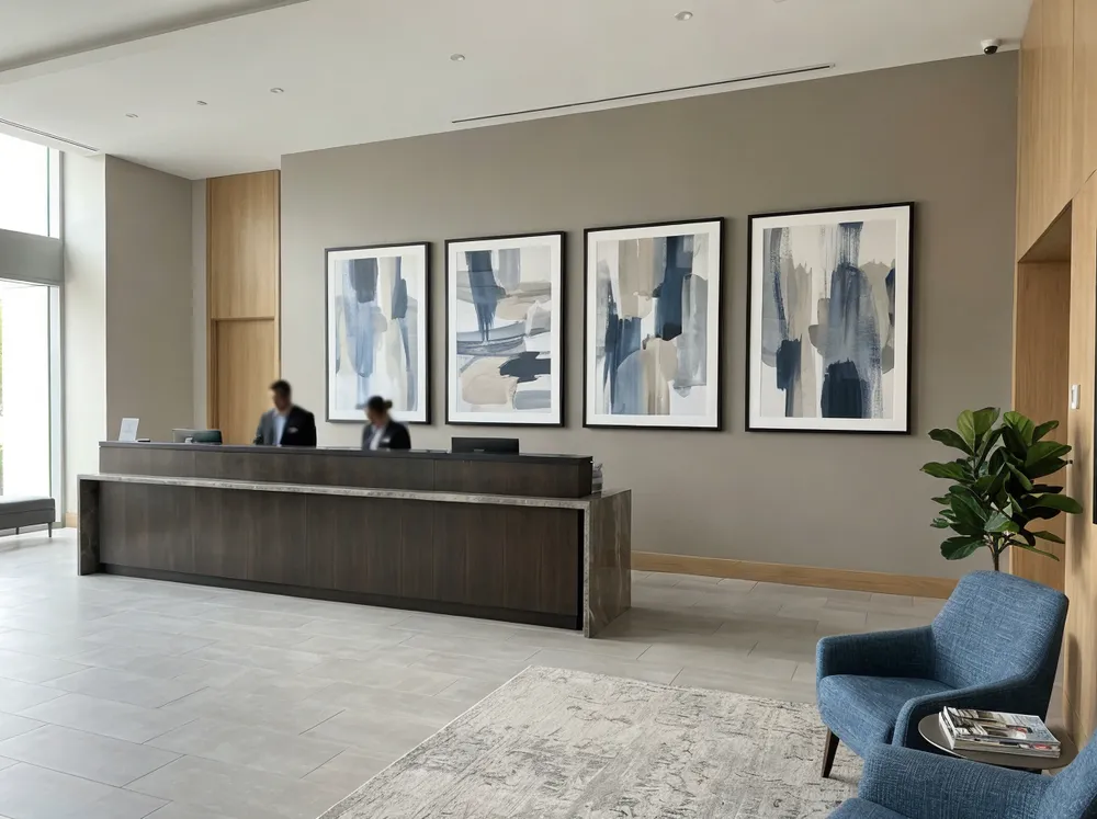 Hotel lobby with coordinated statement wall art pieces