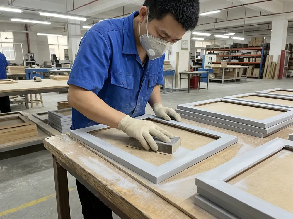 MDF frame sanding pass between primer and matte lacquer topcoat