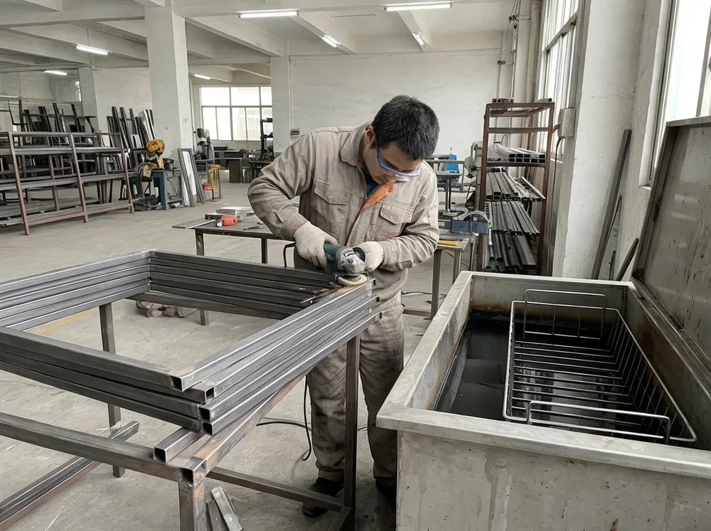 Metal frame weld grinding and phosphate pre-treatment process for office wall art