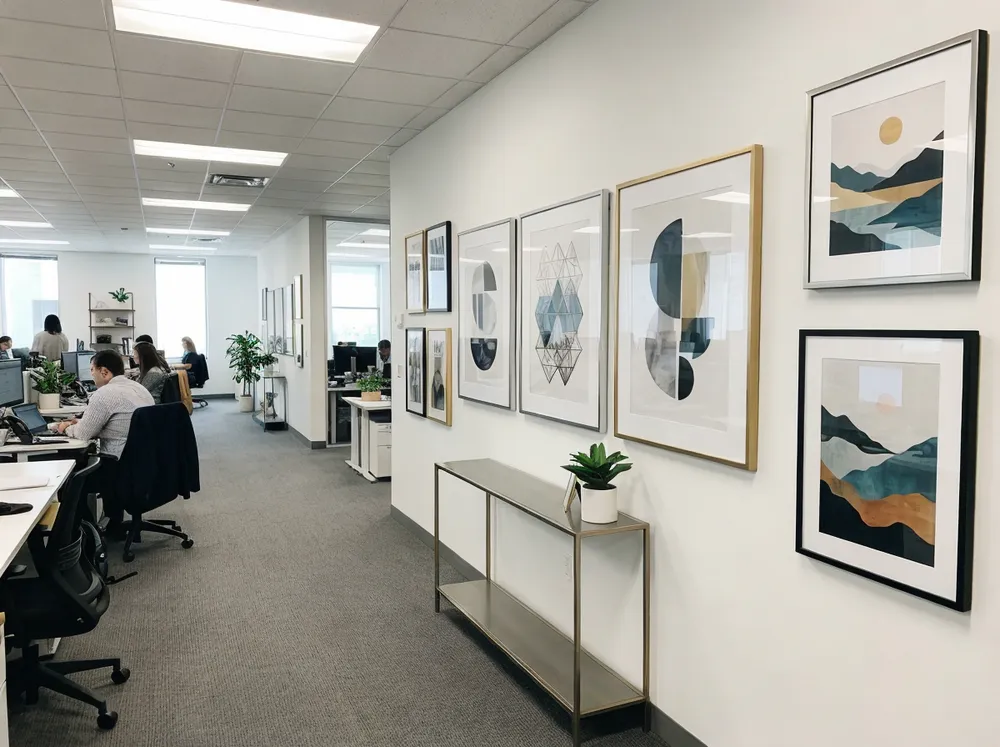 Commercial office interior featuring professional wall art installations with metal frames